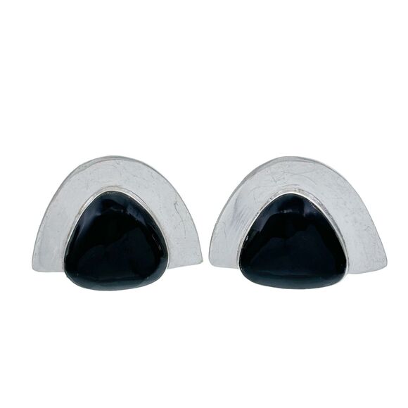 Vintage Sterling Silver 925 Black Onyx Modernist Clip-On Earrings - Picture 2 of 6